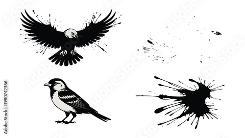 Ink Art Birds Collection: a set of graphic elements featuring bird illustrations and ink splashes, perfect for adding a touch of artistic flair to your creative projects.