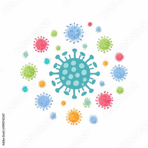 クラスターや感染拡大を示す複数のウイルス粒子のフラットベクターアイコン