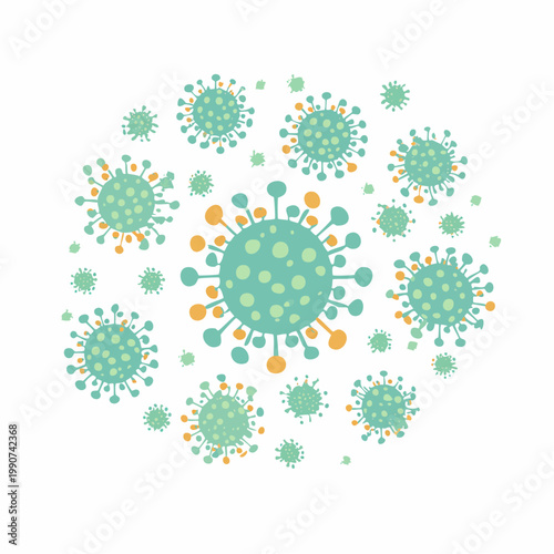 クラスターや感染拡大を示す複数のウイルス粒子のフラットベクターアイコン