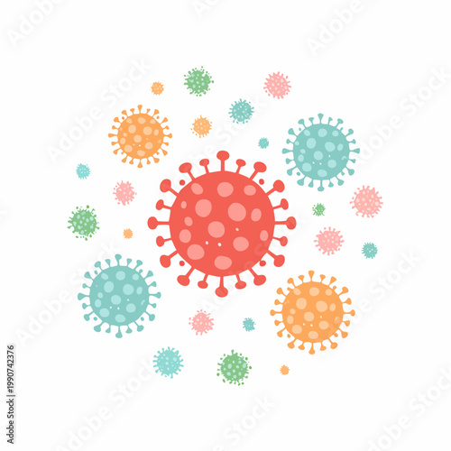 クラスターや感染拡大を示す複数のウイルス粒子のフラットベクターアイコン