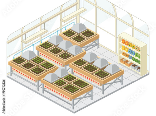 Isometric smart agriculture greenhouse with seedling trays and stacked products, illustrating modern farming techniques