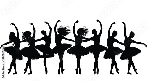Group of ballerinas dancing in a line silhouette with dance routine, ballerina