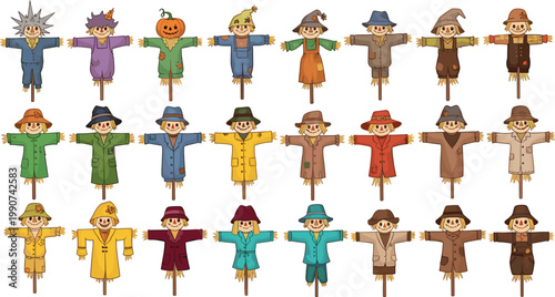 Collection of Various Scarecrow Designs, Colorful Scarecrows with Different Outfits and Hats for Fall and Halloween, Vector Illustration