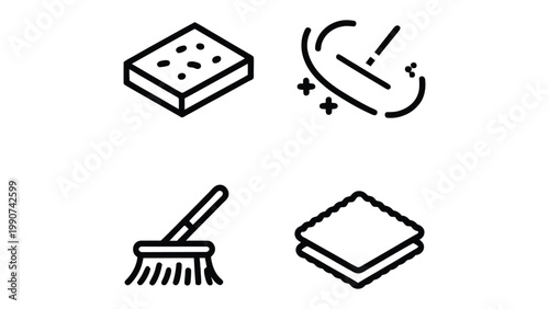 Cleaning Icons: A set of minimalistic line icons representing cleaning tools, perfect for various design projects