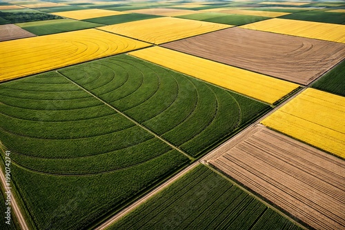 Aerial view of a large patchwork of farmland with various crops growing