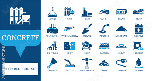 Concrete and Construction Industry Icons. Featuring cement mixers, tools, materials, and industrial building equipment. Editable vector set for masonry and engineering projects