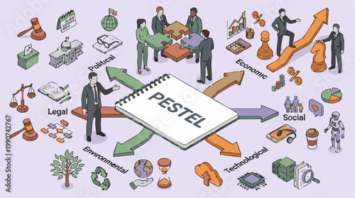PESTEL analysis framework with isometric icons for business strategy