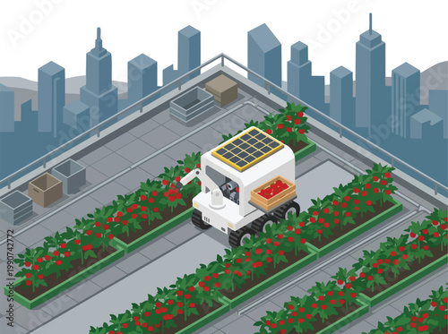 Isometric view of a smart agriculture truck driving through a rooftop garden in a city with solar panels on its roof.