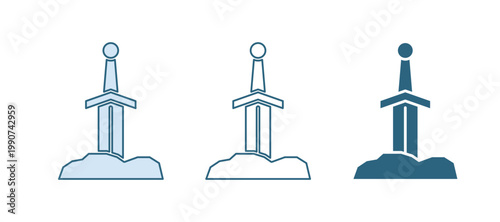 Blue Sword in the stone icon isolated on white background. Excalibur the sword in the stone from the Arthurian legends. Vector