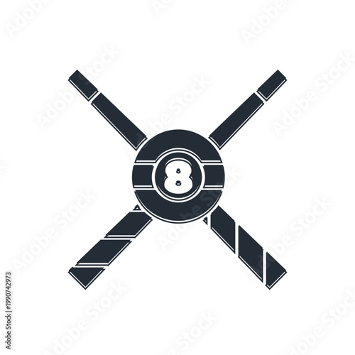 Black Crossed billiard cues and ball icon isolated on white background. Vector