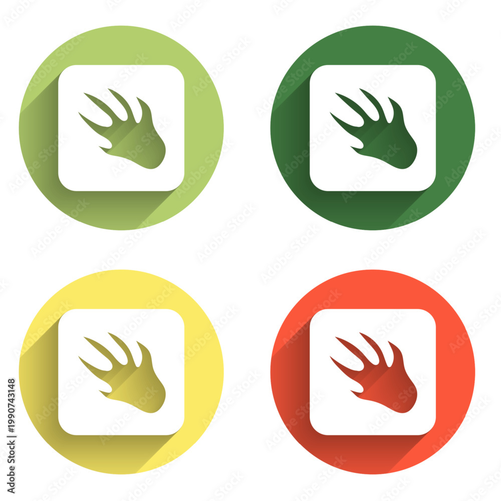 Fototapeta premium Set Alligator crocodile paw footprint icon isolated with long shadow background. Color circle button. Vector
