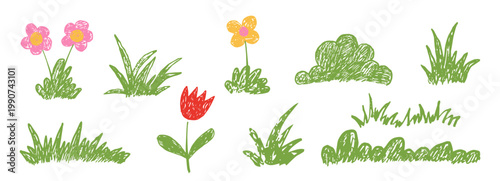 Green lawn grass and flowers set with crayon, pastel or chalk texture childlike drawing. Pencil sketched scribble set foliage elements
