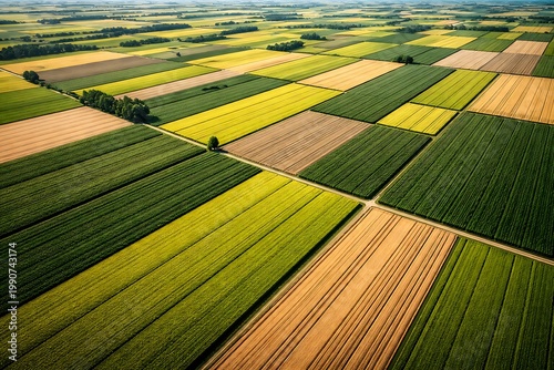 Aerial view of a vast agricultural landscape with diverse crop fields