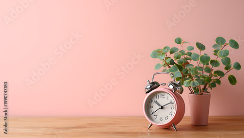 Vintage alarm clock and plant on a wooden table