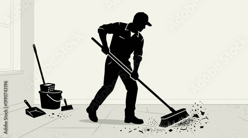 Man cleaning with broom and dustpan.