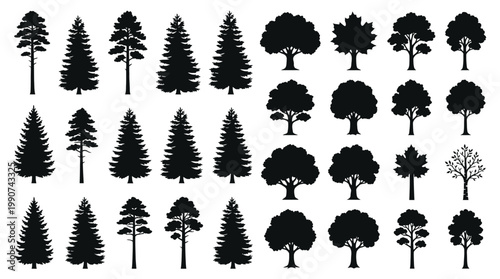 Collection of various tree silhouettes.