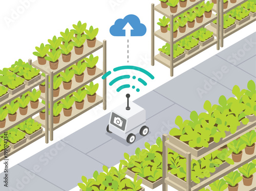 Isometric smart agriculture scene with a robot monitoring plants in a greenhouse.