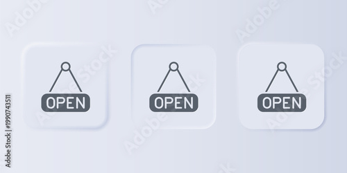 Grey Hanging sign with text Open door icon isolated on grey background. Set icons in square buttons. Vector