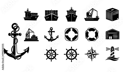 Maritime Cargo Shipping Silhouette Icon Set with Container Ships Nautical Symbols and Logistics Vector