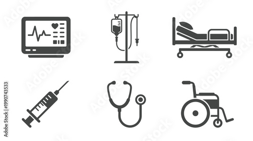Medical equipment and healthcare symbols illustrating patient care and monitoring