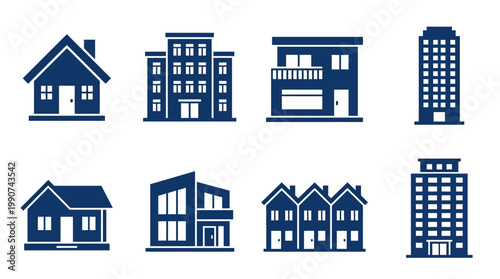 Various types of buildings and houses displayed in a minimalist style on a white background