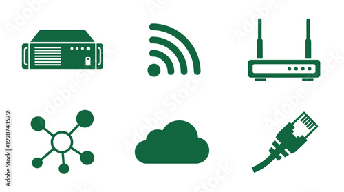 Collection of green technology icons representing networking devices and cloud services