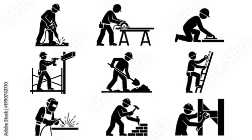 Construction workers at various tasks.