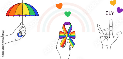 LGBTQ+ Pride Icons Collection with Rainbow Umbrella, Ribbon, Heart, and Sign Language for Equality and Love-Themed Digital Media
