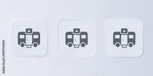 Grey Machine trailer dressing room for actors icon isolated on grey background. Movie crew rest room. Star sleeping place. Film vehicle. Set icons in square buttons. Vector
