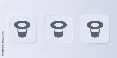 Grey Magic hat icon isolated on grey background. Magic trick. Mystery entertainment concept. Set icons in square buttons. Vector