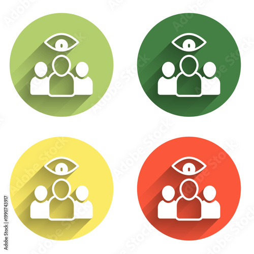 Set Spy, agent icon isolated with long shadow background. Spying on people. Color circle button. Vector