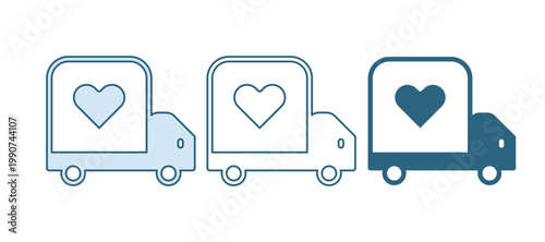 Blue Delivery truck with heart icon isolated on white background. Love delivery truck. Love truck valentines day. Vector