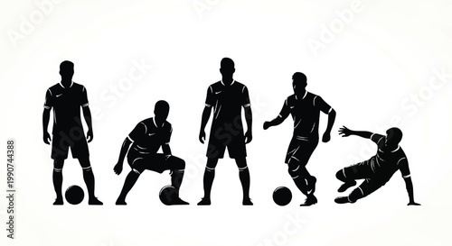 Vector illustration of five soccer players in action on the field with defender