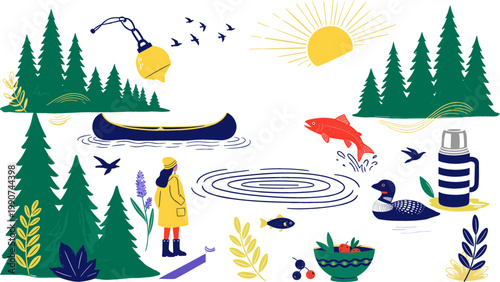 Outdoor Adventure and Nature Scene with Canoe, Fish, and Wildlife for Camping, Hiking, and Eco-Themed Digital Media