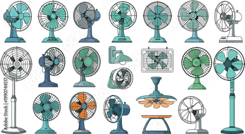 Set of retro electric fan icons including desk pedestal and ceiling fans isolated on white background for summer cooling appliance and interior design projects