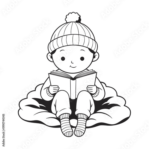 Child wearing a knitted winter hat sits comfortably while reading a book in this clean line art illustration.