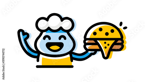 Chef with a Delicious Burger: A cheerful animated chef proudly presents a mouthwatering burger, evoking the simple pleasures of comfort food.