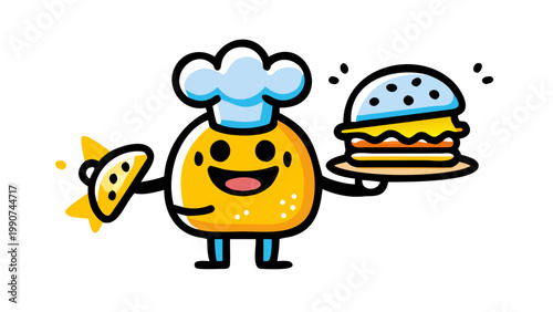 Happy Chef's Culinary Delights: A whimsical cartoon chef, brimming with cheer, proudly presents a delicious burger and a taco, embodying the joy of cooking and the love of food. 