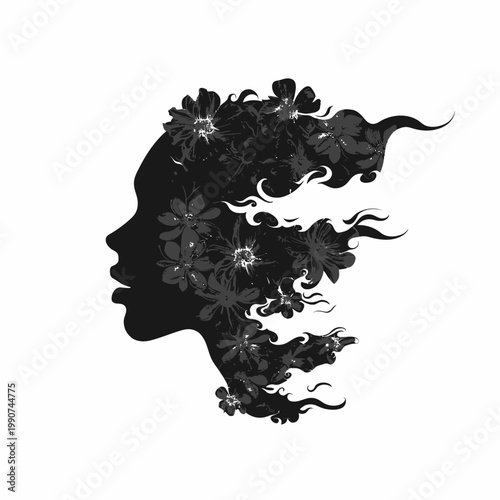 Silhouette of a woman with floral hair black and white vector illustration