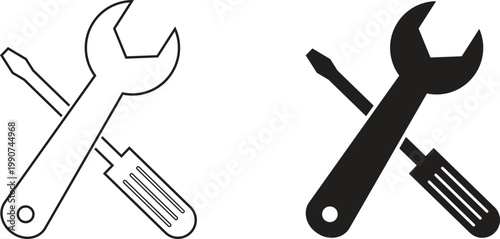 Repair service icon vector illustration in line art and solid color. A pair of crossed tools, including a wrench and screwdriver
