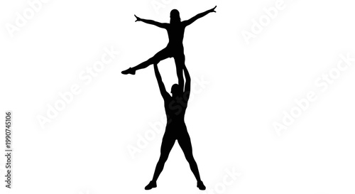 Dynamic Silhouette of Acrobatic Pair Performing a Lift on White Background Perfect for Performance Sports and Teamwork Concepts