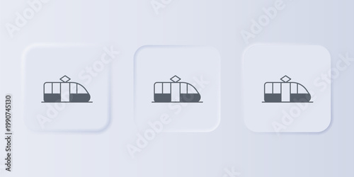 Grey Tram and railway icon isolated on grey background. Public transportation symbol. Set icons in square buttons. Vector