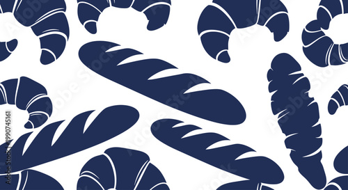 Repeating pattern of dark blue croissants and baguettes on white background