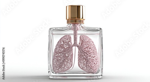 Glass perfume bottle contains delicate pink lung structure