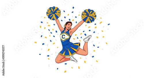 Excited Cheerleader in Blue and Gold Uniform Jumps with Pom Poms Amidst Confetti Celebration