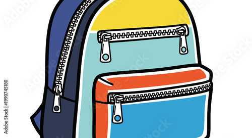 Colorful backpack with multiple zippers.