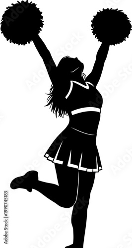 Silhouette of a Cheerleader with Pom Poms Raised High in a Dynamic Pose Celebrating Victory or Inspiring Enthusiasm