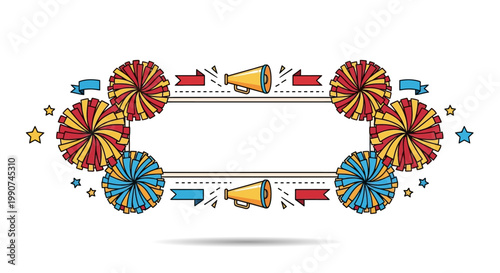 Exciting Cheerleading Frame with Pom Poms Megaphones Stars Perfect for Sports Events Celebrations