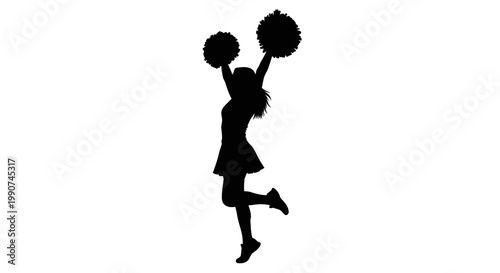 Dynamic Silhouette of a Cheerleader Jumping with Pom Poms Celebrating Victory and Team Spirit