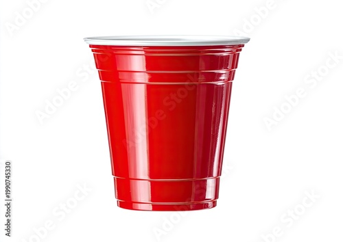 Vivid red plastic cup with white rim, ribbed for grip, isolated on white